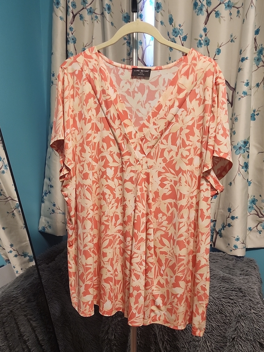 Lane Bryant Coral & Cream Floral Surplice Neck Blouse